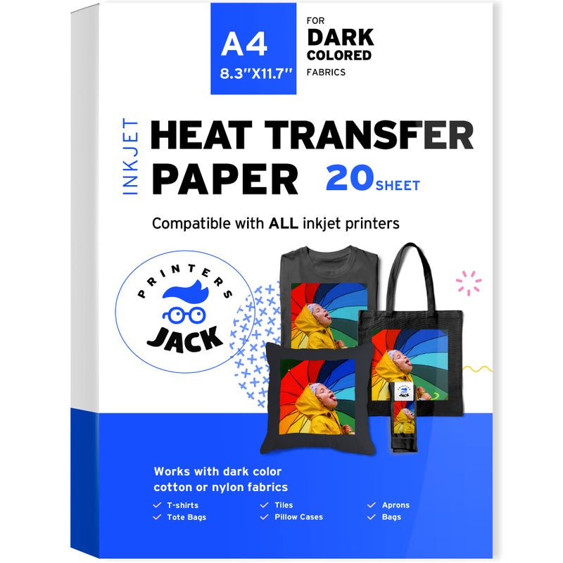 Printers Jack ورق نقل حراري من برينترز جاك للملابس الداكنة 20 ورقة 8.3x11.7" ورق نقل تي شيرت لطابعة نفث الحبر قابل للغسل، متين، يدوم طويلاً، بدون تشقق - Image 1