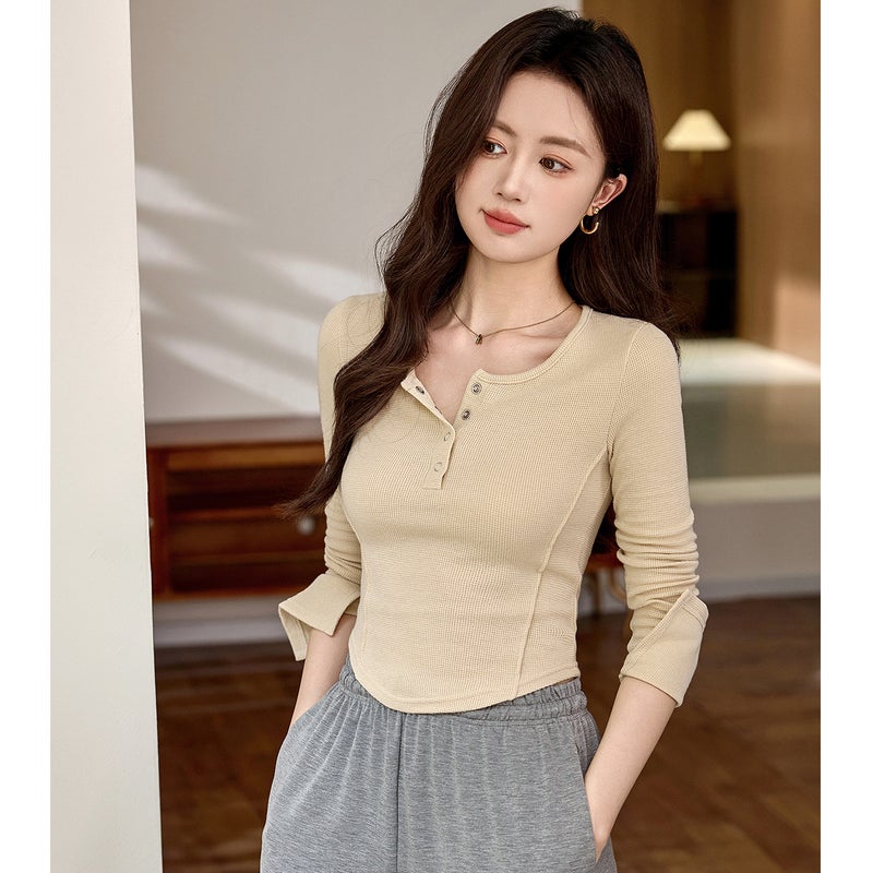 # Select High-Quality Products #   Three-Dimensional Line Curved Long-Sleeved T-Shirt for Women 2025 Autum New High-Waisted Short Sexy Top - Image 1
