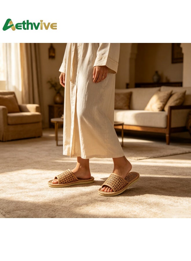 Aethvive Men's Sandals for Daily Wear, Natural Rattan Woven Slippers For Men, Lightweight Non-Slip Shoes, Men Wear Flax Straw Deodorant Slippers Outside, Good Quality Design Bathroom Slippers Home Indoor - Image 3