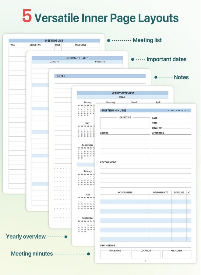 WEMATE Hardcover Meeting Notebook, B5 Work Planner Notebook with Action Items, Easily Take Meeting Notes & Keep Agendas on Track, Calender, Index Page, Inner Pocket, 7×10 Inch, Olive Green - Image 2