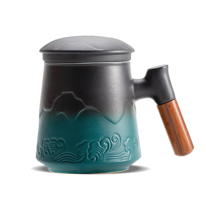 ZENS Tea Cup With Infuser and Lid for Loose Leaf Steeper 152 oz Embossed Ceramic Mug With Fine Strainers Wood Handle Large Diffusers Accessories for Tea Lovers Gifts