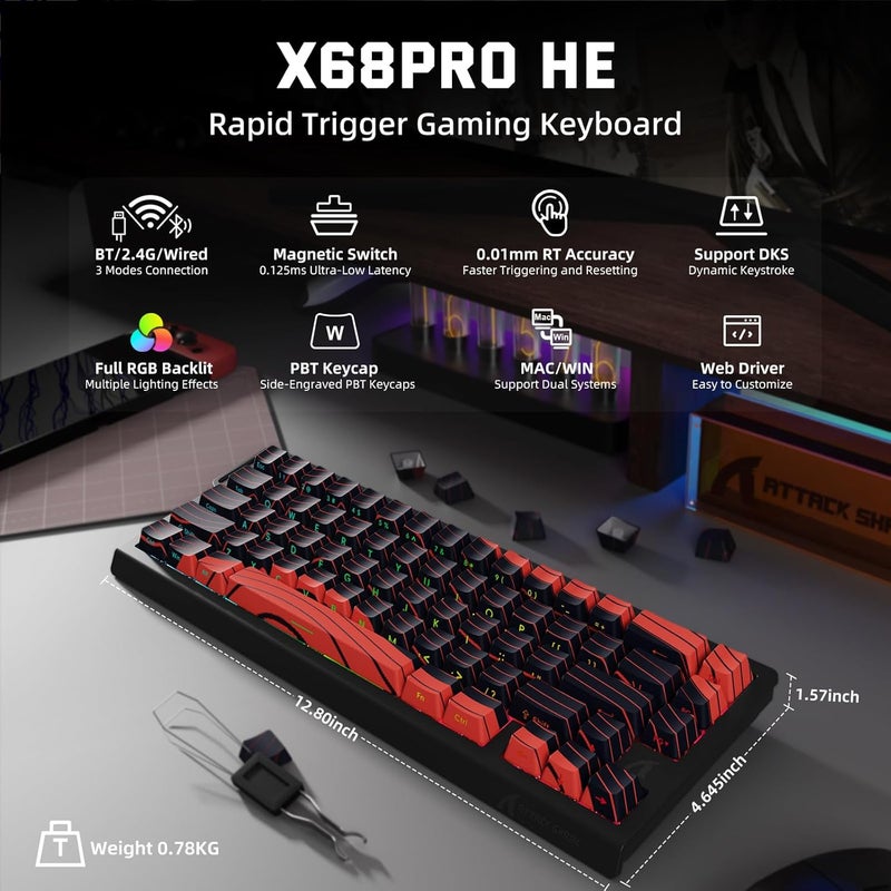 MAMBASNAKE لوحة مفاتيح ألعاب لاسلكية MAMBASNAKE X Attack Shark X68PRO HE 65% Rapid Trigger، BT/2.4G/سلكي، مفتاح مغناطيسي 0.01 مم RT، 8 كيلو هرتز، نقطة تشغيل قابلة للتعديل، 5000 مللي أمبير، RGB، للكمبيوتر الشخصي/ماك - خطوط حمراء - Image 2