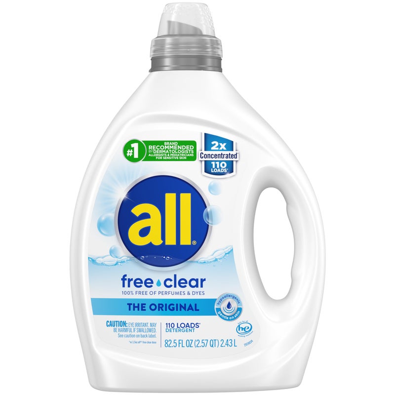 all free clear, Original, Liquid Laundry Detergent for Sensitive Skin, Unscented and Hypoallergenic, Concentrated, 82.5oz, 110 Loads - Image 1