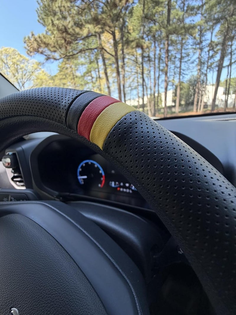 PartsTo Quick Install Sporty Perforated Nappa Leather Steering Wheel Cover with German Stripes for Porsche Mercedes Audi BMW VW Deutsch-Ness 14.5 to 15 inches SW - Image 2