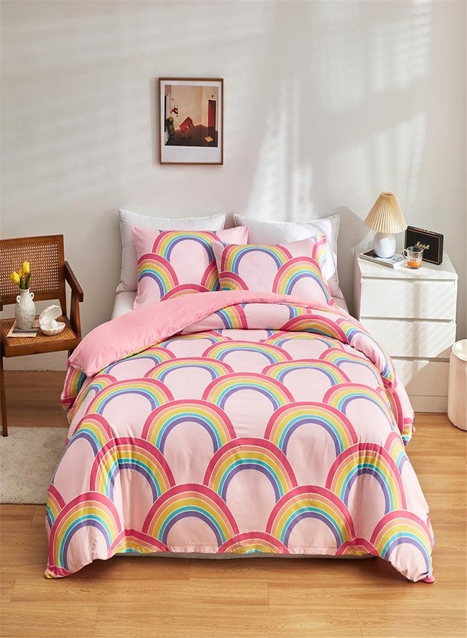 URLINENS Pink Girls Twin Comforter Set, Glow in The Dark 3 Pieces Rainbow Comforter with 2 Pillowcases, Soft Microfiber Girls Twin Bedding Set for Kids Teens Washable Lightweight All Season Use - Image 1