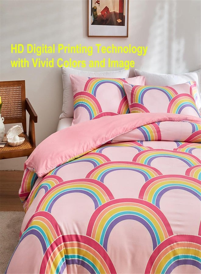 URLINENS Pink Girls Twin Comforter Set, Glow in The Dark 3 Pieces Rainbow Comforter with 2 Pillowcases, Soft Microfiber Girls Twin Bedding Set for Kids Teens Washable Lightweight All Season Use - Image 3