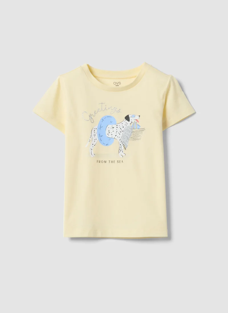 Ovs OVS Girlsâ€™ Yellow Pure Organic Cotton T-Shirt With Print And Glitter