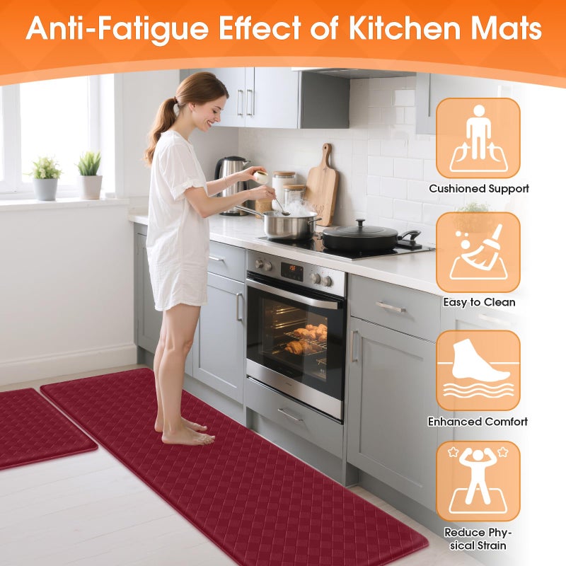 TranquilRelax Kitchen Mats, 2PCS Kitchen Rugs, Cushioned Anti Fatigue Kitchen Mats for Floor, Non-Slip Standing Desk Mat, Waterproof Kitchen Rug Set for Kitchen Floor Office,17.3"Ã—30"+17.3"Ã—59" Red - Image 2