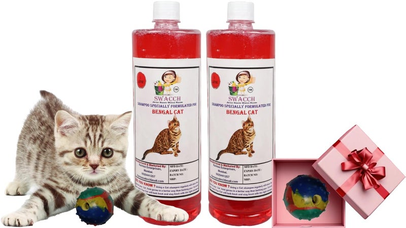swacch Bengal Cat Shampoo + Rubber Musical Ball I Chew Playing Rubber Ball I Interactive Cat Toy Balls I Training & Play I Combo Pack I 1 Litre Pack of 2 Strawberry - Image 1
