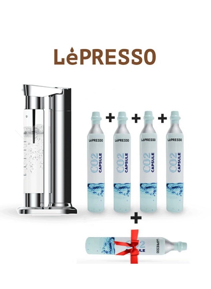 ليبرسو جهاز صنع المياه الغازية مع 4 كبسولات + 1 ونظام إطلاق بطيء وسريع / دعم زجاجتين 500 مل - 350 مل / مقاوم للانفجار للحيوانات الأليفة خالٍ من مادة BPA / شواحن ثاني أكسيد الكربون / متوافق مع كبسولات ثاني أكسيد الكربون / سهل التنظيف - فضي - Image 1