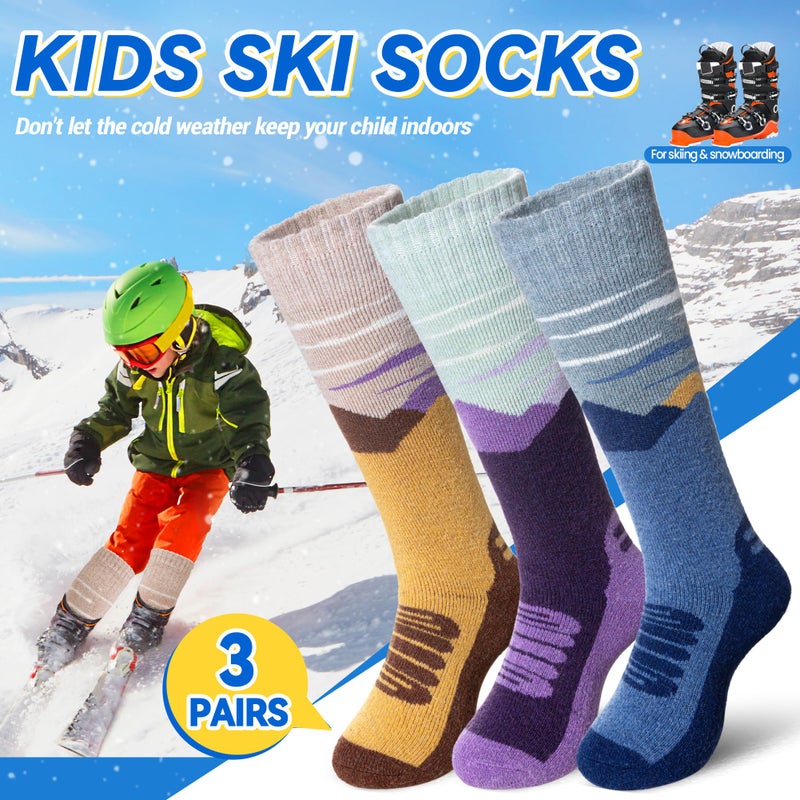 SeeyAN Kids Merino Wool Ski Socks Boys Girls Thermal Warm Boot Thick Winter 3 Pairs Cozy Socks For Skiing & Snowboarding (Purple/Blue/Brown, 8-12 Years) - Image 5