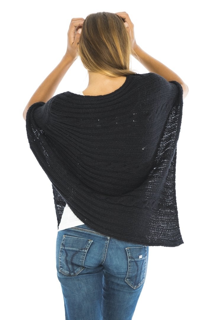 Back From Bali Knit Cable Poncho Black Womens Sweater Cape Boho Soft Casual - Image 2
