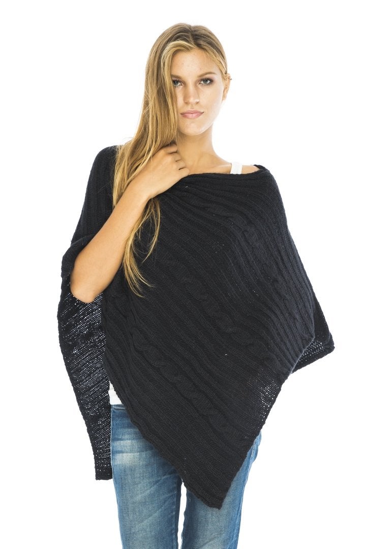 Back From Bali Knit Cable Poncho Black Womens Sweater Cape Boho Soft Casual - Image 1