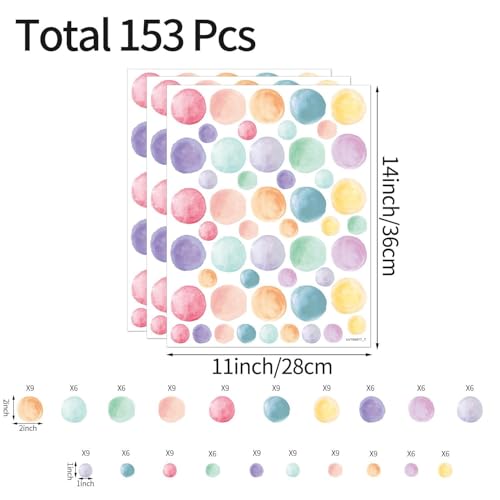 AOWDIAO 153 Pcs Watercolor Polka Dot Wall Decals Peel & Stick Vinyl Dots Stickers for Bedroom, Nursery, Playroom & Classroom Decor - Image 2