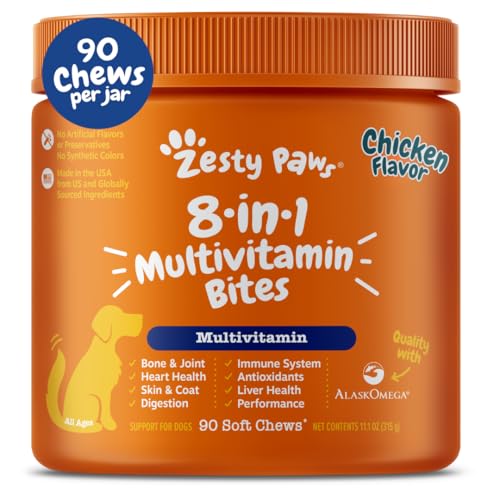 Zesty Paws Dog Multivitamin Chewable Dog Vitamins and Supplements for Hip Joints Skin Coat Omega 3 Fish Oil for Dogs Senior Puppy Multivitamin Chicken 90ct