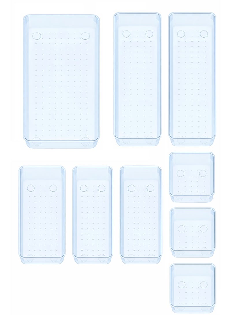 Set of 9 clear plastic drawer organizers, multi-size, organize drawers in bathroom, makeup, jewelry, kitchen and office. - Image 1