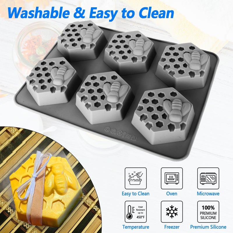 Fuehbur (More Styles Optional) Fuehbur 3 Pack Bee Soap Silicone Molds Set, Round + Rectangular + Hexagon Shape 6 Cavities Honeycomb Moulds, Wax Melts Beeswax - 3PCS - Image 4