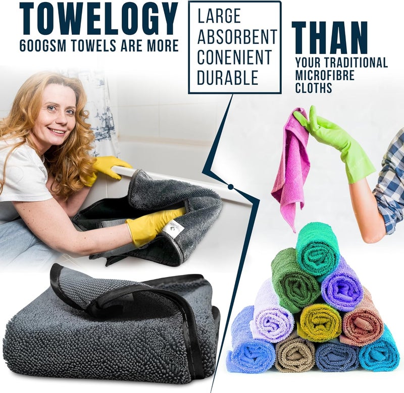 Towelogy Microfibre Shower Drying Cloths - Streak Free, Super Absorbent Cleaning Cloth for Glass, Window, Kitchen, Car, Bathroom | 2 Pack, Large 40x40cm (Black) - Image 5