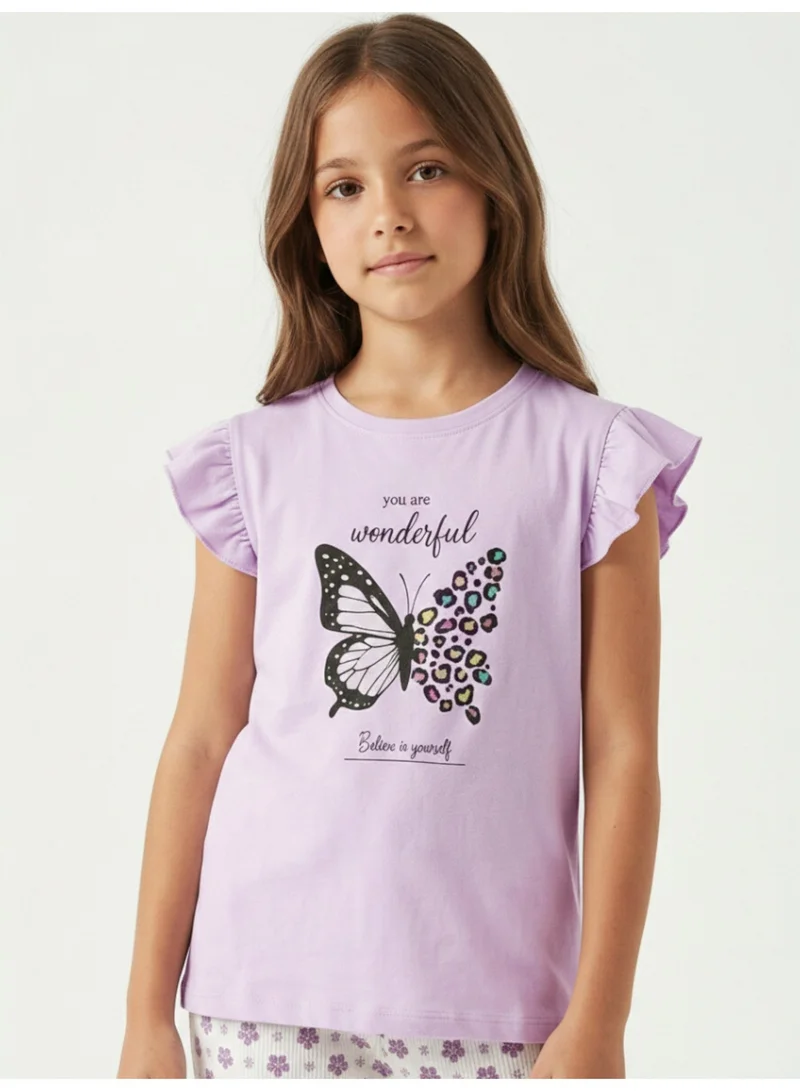 Victor And Jane Cotton Girls’ Pajama Set – Butterfly Graphic Frill Sleeve Top & Star Print Pants for Women | Best Price UAE