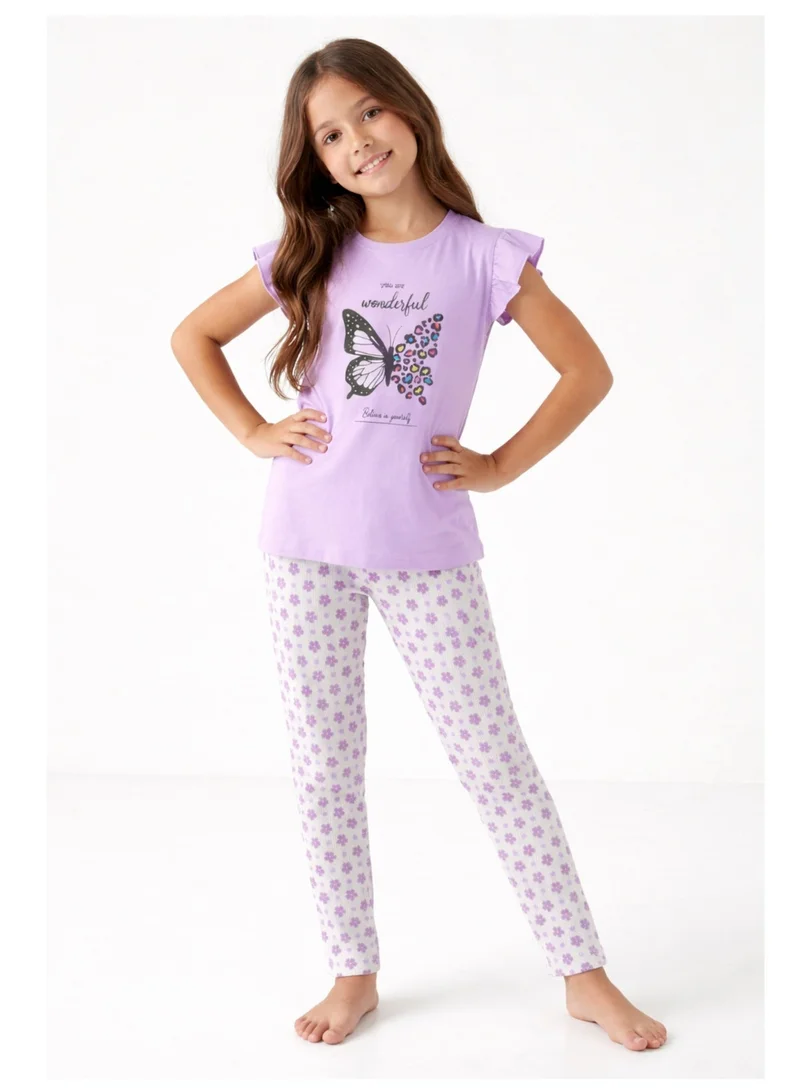 فكتور اند جين Girls’ Pajama Set – Butterfly Graphic Frill Sleeve Top & Star Print Pants
