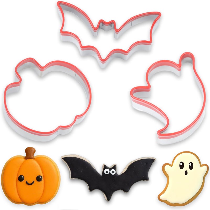 COOKIEQUE 3 Pcs Halloween Cookie Cutters Pumpkin Ghost and Bat FoodGrade Stainless Steel Sandwich Cutters Biscuit Cutter Holiday Cookie Cutters Unique Design with Protective Red Top PVC