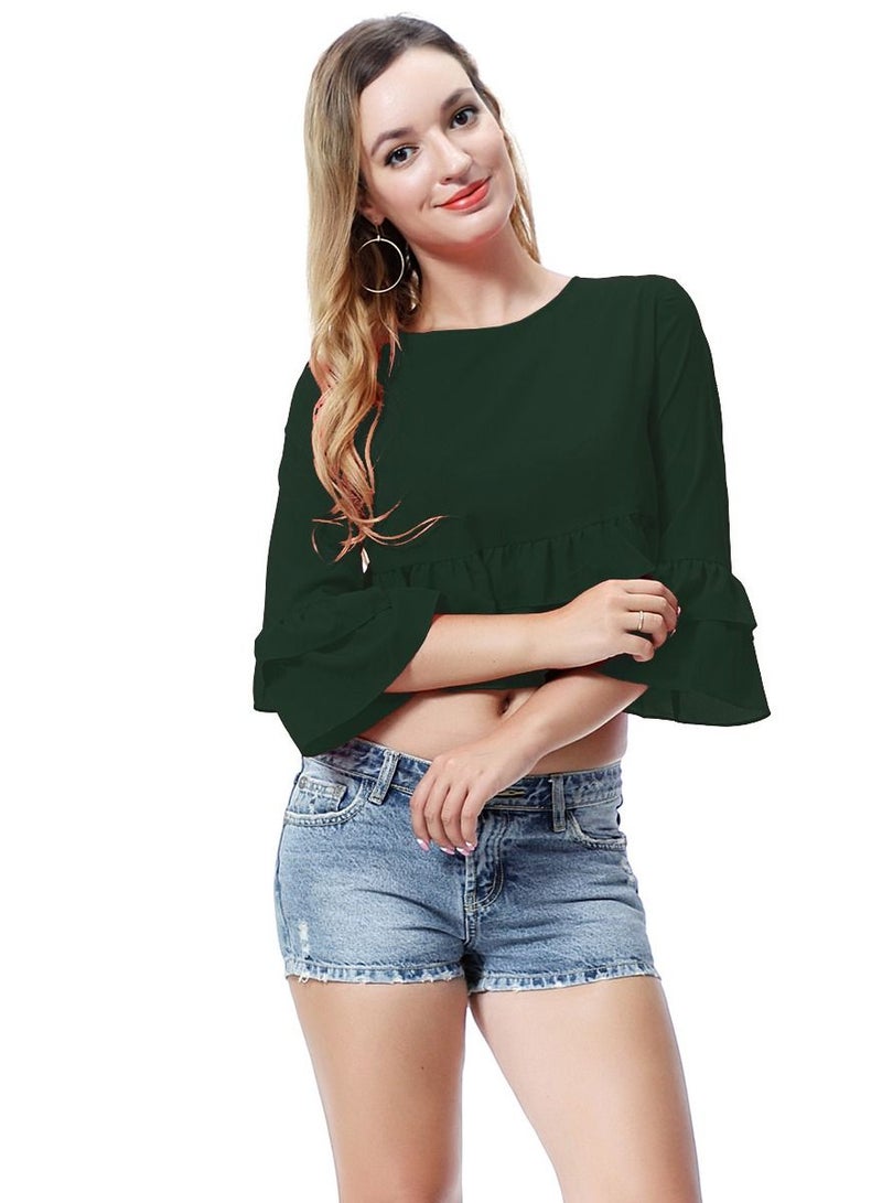 إسكدنيا Women's Solid Color Round Neck Top Loose Ruffled Blouse Blackish Green 