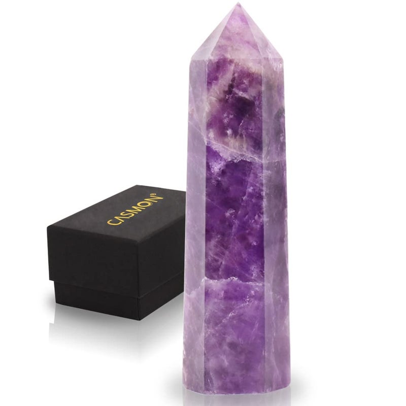 CASMON CASMON Amethyst Crystal Tower 3235 Healing Crystal Point Wand Natural Large 6 Faceted Prism Natural Lepidolite Crystal Wand with Gift Box for Reiki Chakra Meditation Collection Home Dcor