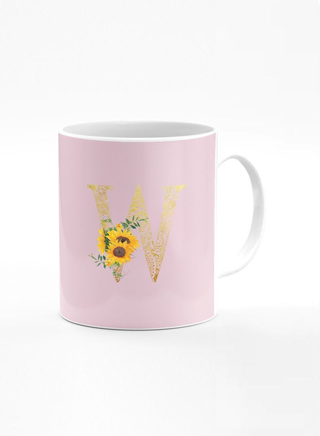 Stylizedd Designer Printed Coffee Mug 11oz Ceramic Personalised Gift Mugs Cup Custom Monogram Initial Letter Mandala Floral Pattern Alphabet W (Pink) - Image 1
