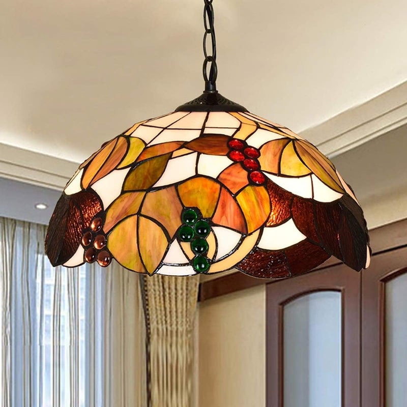 Tiffany Style Glass Chandelier 16 Inches Tiffany Style Brown Grape Stained Glass Ceiling Bedroom Restaurant Pendant Light Handmade Lamp Shade - Image 2