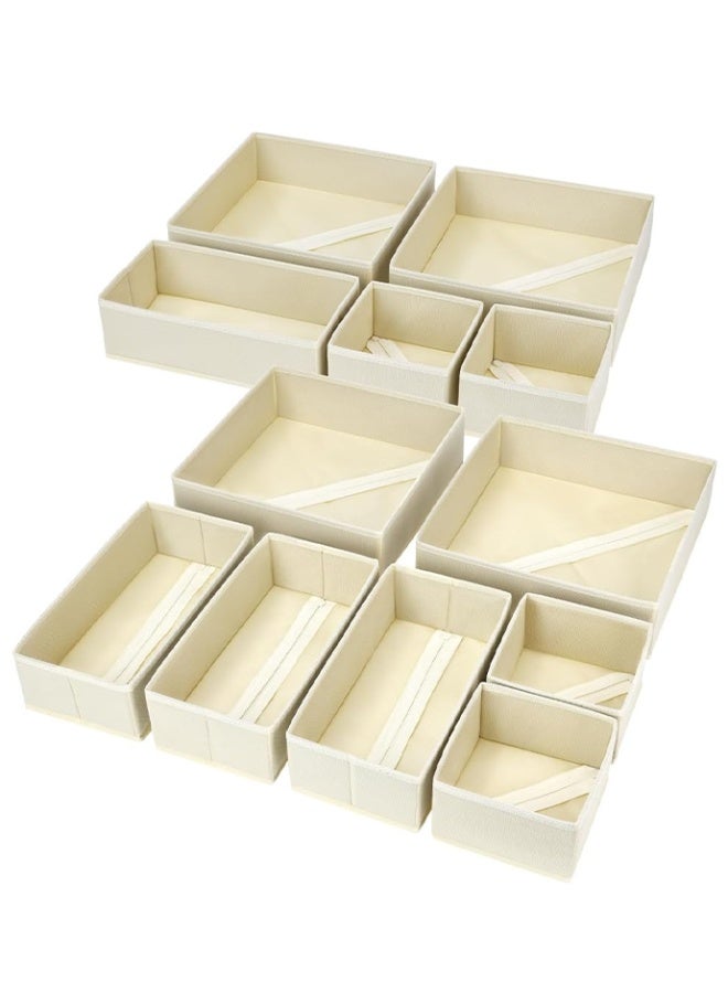 12PCS Foldable Clothing Storage Organizers, Underwear Drawer Fabric Closet Dividers Basket Containers, Cabinet Dresser Storage Box for Clothes Bras Socks Baby Clothing Scarves Ties (Beige) - Image 1