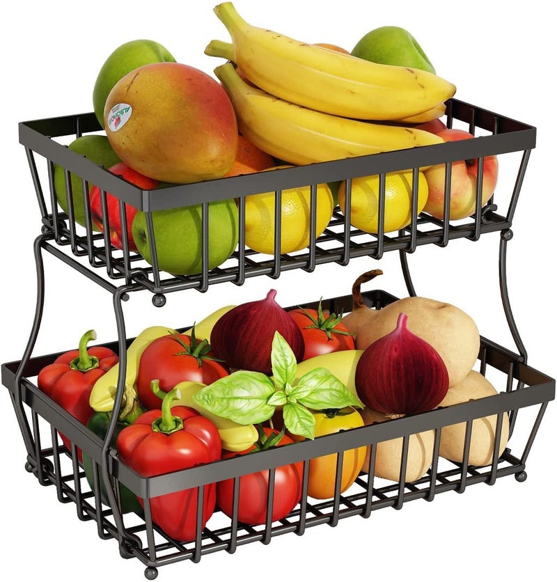 LANDTOM 2 Tier Black Countertop Fruit Basket Bowl for Kitchen Metal Wire Storage Rack Fruits Stand Holder Organizer for Bread Snack Veggies - Image 2