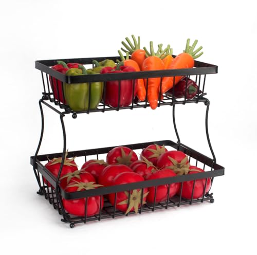 LANDTOM 2 Tier Black Countertop Fruit Basket Bowl for Kitchen Metal Wire Storage Rack Fruits Stand Holder Organizer for Bread Snack Veggies - Image 3