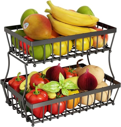 LANDTOM 2 Tier Black Countertop Fruit Basket Bowl for Kitchen Metal Wire Storage Rack Fruits Stand Holder Organizer for Bread Snack Veggies - Image 1