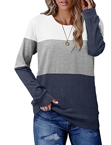 CRAZY GRID Womens Long Sleeve Tops Color Block Shirts Fall Casual Blouses Loose Fit Ladies Sweatshirts Tunic Crew Neck White Blue Large - Image 2