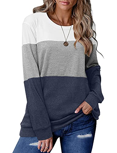 CRAZY GRID Womens Long Sleeve Tops Color Block Shirts Fall Casual Blouses Loose Fit Ladies Sweatshirts Tunic Crew Neck White Blue Large - Image 5