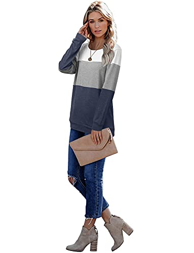 CRAZY GRID Womens Long Sleeve Tops Color Block Shirts Fall Casual Blouses Loose Fit Ladies Sweatshirts Tunic Crew Neck White Blue Large - Image 3