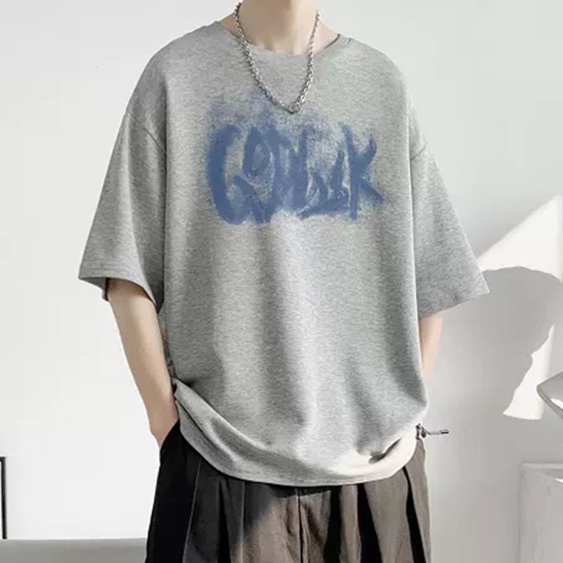 2024 Summer Short-sleeved T-shirt Mens Loose Trendy Ins Hong Kong Style All-match T-shirt Top Plus Size Half-sleeve Top for Chubby light gray T126 Mixed Letter GK 
