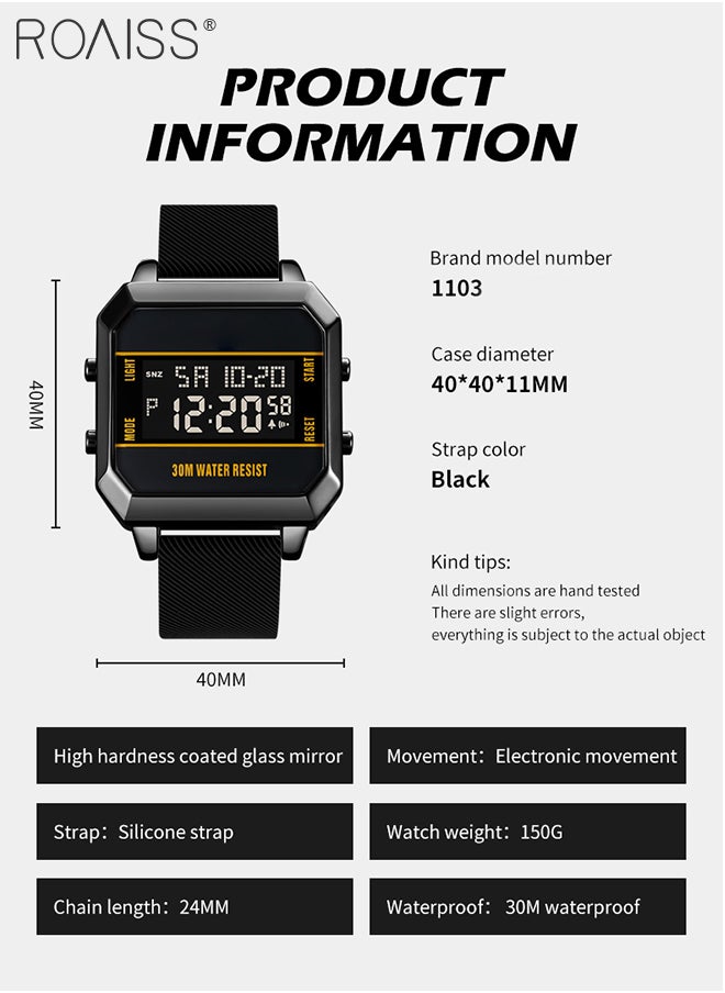 roaiss Men's Square Digital Sports Watch Multifunctional Waterproof Luminous Silicone Strap Electronic Quartz Wristwatch with Alarm Stopwatch 12H/24H, Black  - Image 2
