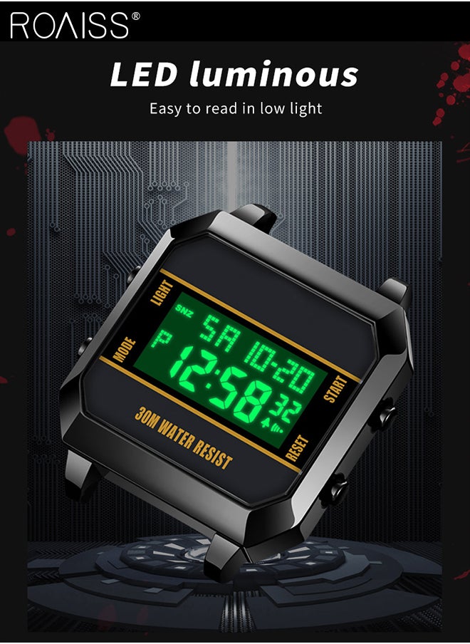 roaiss Men's Square Digital Sports Watch Multifunctional Waterproof Luminous Silicone Strap Electronic Quartz Wristwatch with Alarm Stopwatch 12H/24H, Black  - Image 3