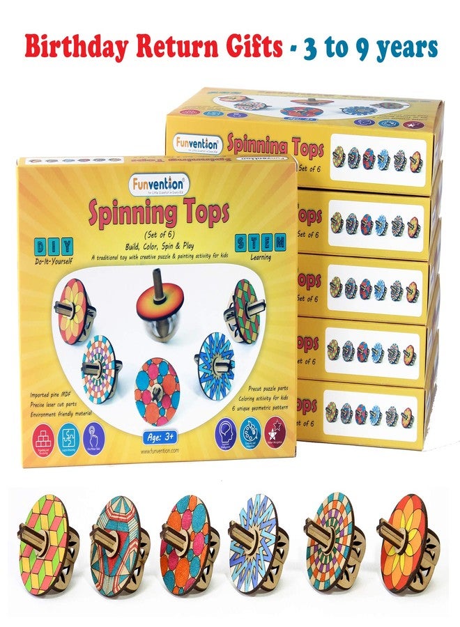 Funvention Birthday Return Gifts (Pack of 6) - DIY Spinning Tops (Mandala Art) Set of 6 Build, Color, Play, Art & Craft Coloring Activity Party Pack Return Favors for Kids (6 Tops & 8 Colors Per Set) - Image 1