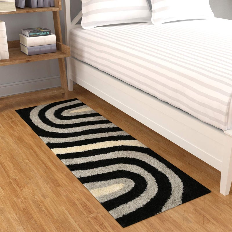 TIB Shaggy Bedside Runner Carpet – Soft Hallway & Bedroom Rug for Living Room, Dining, Office (Zebra-Black) - Image 1