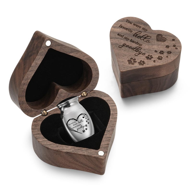 SOITIS Small Pet for Dog Cats Urns for Ashes Wooden Heart Box, 1.18 Inches Stainless Steel Pet Urns for Cat Ash Customized Memorial Urn-Small Size Box Urn - Image 1