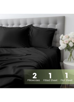 Arabest 4-Piece Breathable Bedding Set - Hypoallergenic Microfiber Bed Sheet & Fitted Sheet with Pillowcases | Solid Black 200x150cm | Hotel-Grade Bed Linens for Home, Rental & Hospitality Use  - Image 2