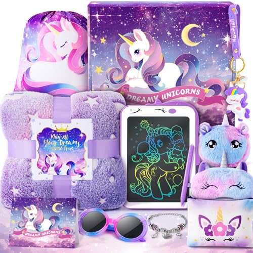 Auspicious beginning Unicorns Gifts for Girls Kids Toys 3 4 5 6 7 8 9 10 Years Old with LCD Writing TabletGlowing BlanketUnicorn BraceletEye MaskCrossbody Bag 12PCS Purple Teen Girl Birthday Christmas Unicorn Toy - Image 1
