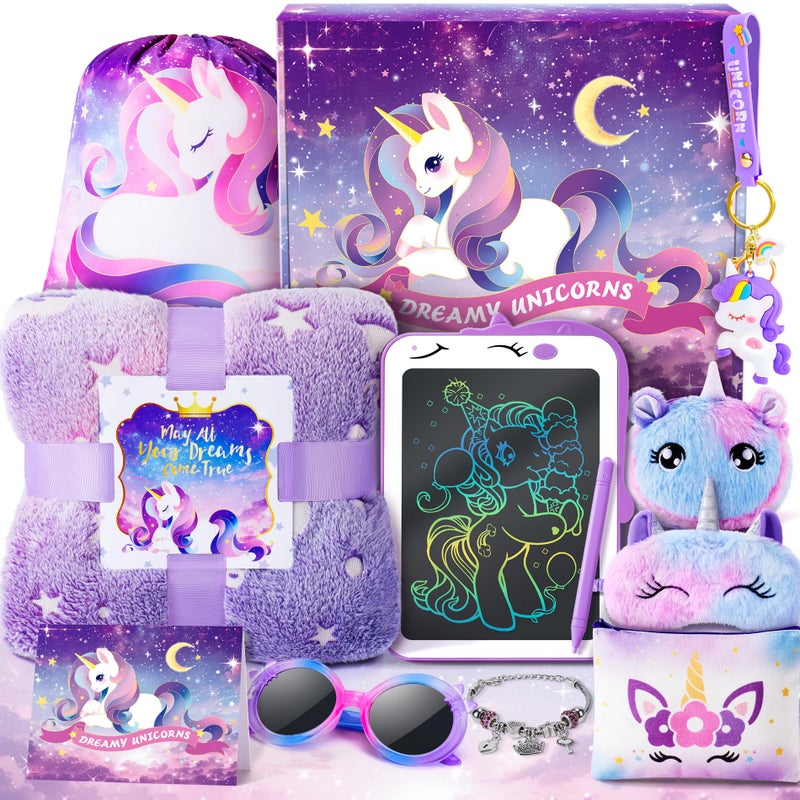 Auspicious beginning Unicorns Gifts for Girls Kids Toys 3 4 5 6 7 8 9 10 Years Old with LCD Writing TabletGlowing BlanketUnicorn BraceletEye MaskCrossbody Bag 12PCS Purple Teen Girl Birthday Christmas Unicorn Toy - Image 3
