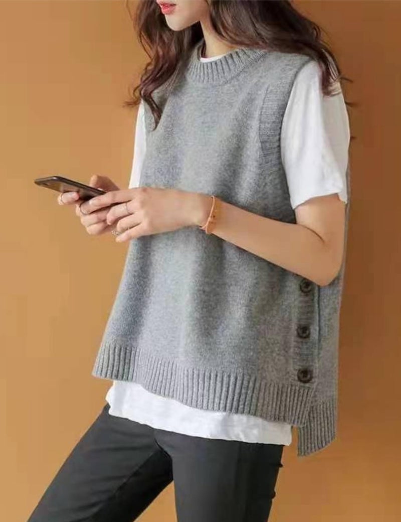HangNiFang Women's Round Neck Sleeveless Pullover Ribbed Knit Sweater Vest Top (0199-Grey-L) - Image 2