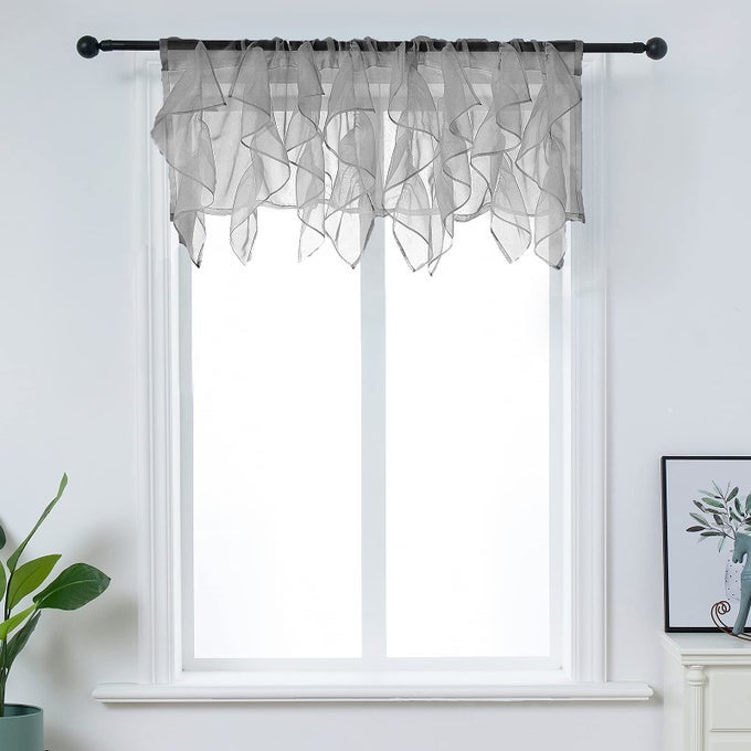 RUFFLED VOILE SEMI SHEER CURTAIN VALANCE KITCHEN LIVING ROOM SHABBY CHIC RUFFLE VALANCE CURTAINS GIRLS DAUGHTERS BEDROOM CASCADE WINDOW VALANCE GREY 50X16 INCHES