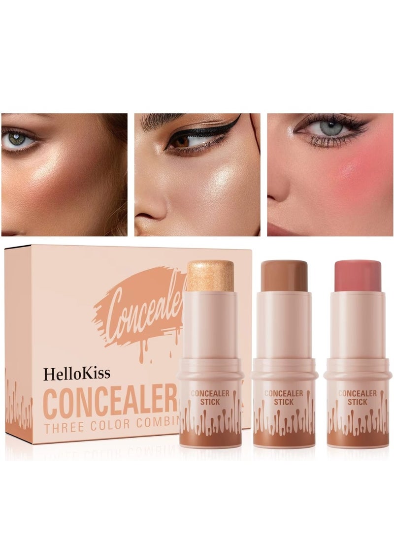 HelloKiss Concealer Stick Three Color Combination Set Highlight Contour and Blush Makeup Stick Set Cream Contour Concealer Stick Set Contour Highlighter Blusher Makeup Stick Soft Texture Skin Highlight Easy Makeup Stick SET B - Image 1