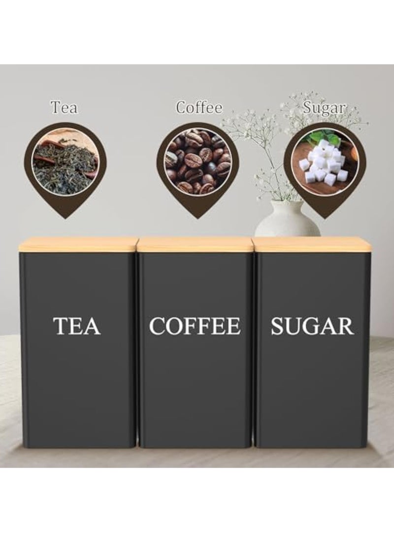 Arabest 3 Pcs Coffee Tea Sugar Container Set, 1000 ml Vintage Kitchen Canister Set with Bamboo Lids, Metal Food Storage Container Jars for Kitchen Counter, Farmhouse Decor (Black)  - Image 5