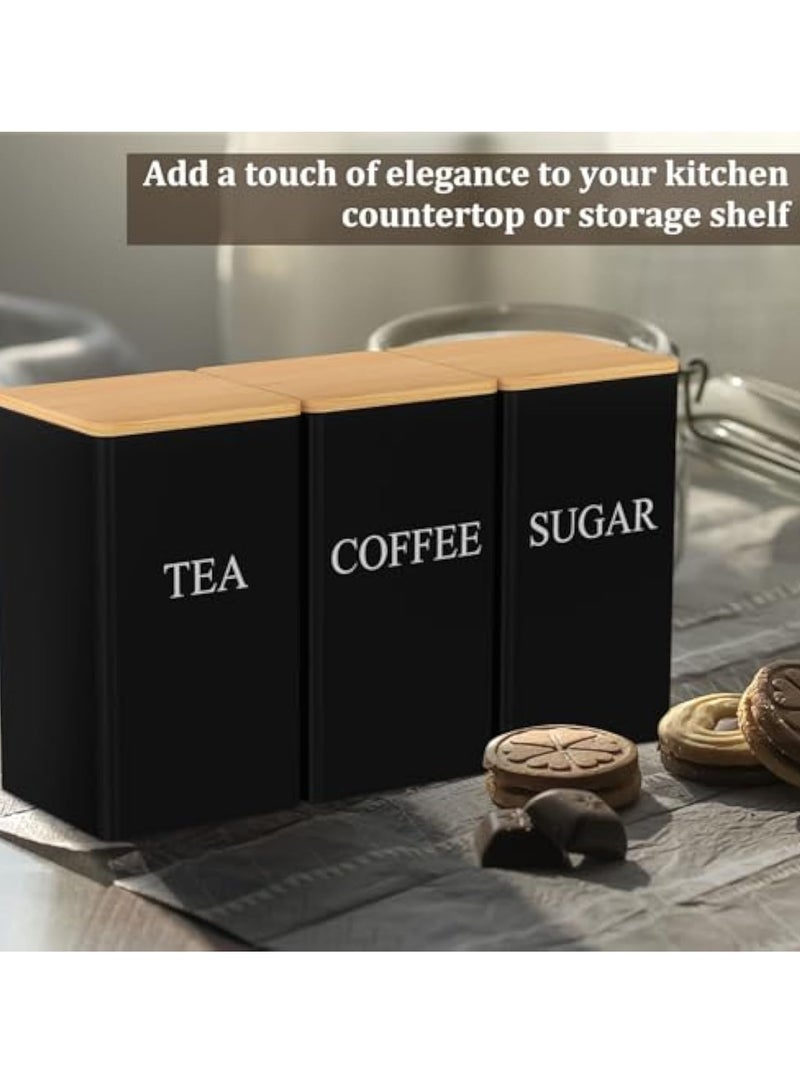 Arabest 3 Pcs Coffee Tea Sugar Container Set, 1000 ml Vintage Kitchen Canister Set with Bamboo Lids, Metal Food Storage Container Jars for Kitchen Counter, Farmhouse Decor (Black)  - Image 3